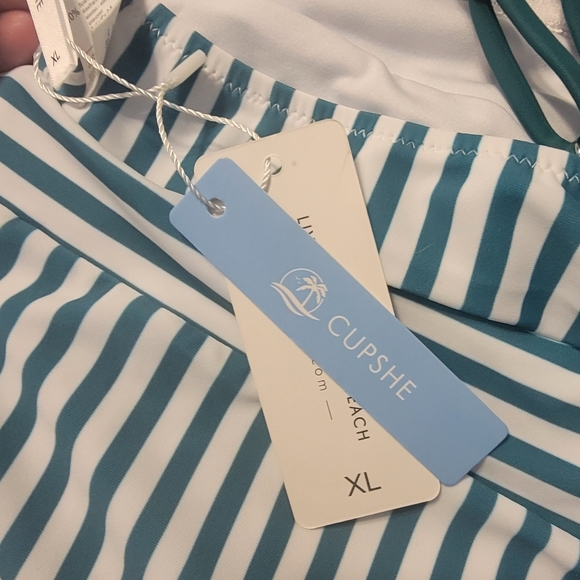 White and Green striped with neckline ruffle, one piece. - Picture 5 of 6